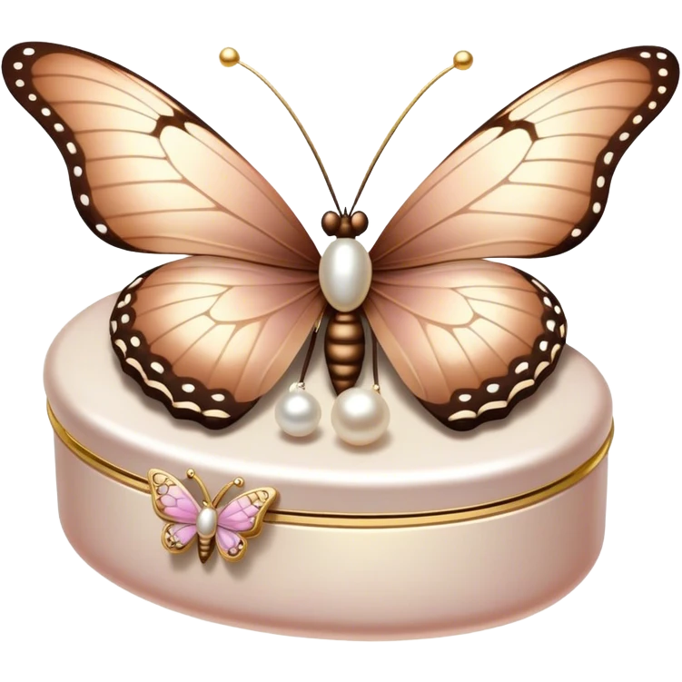 A pastel brown and mocha-colored butterfly resting on a pearl-adorned trinket box.
 emoji