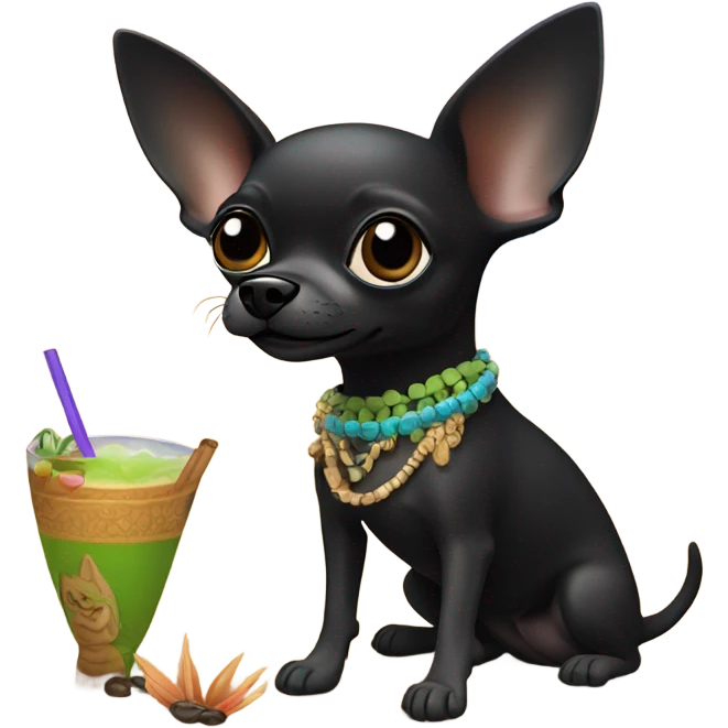 black chihuahua on beach with tiki drink emoji