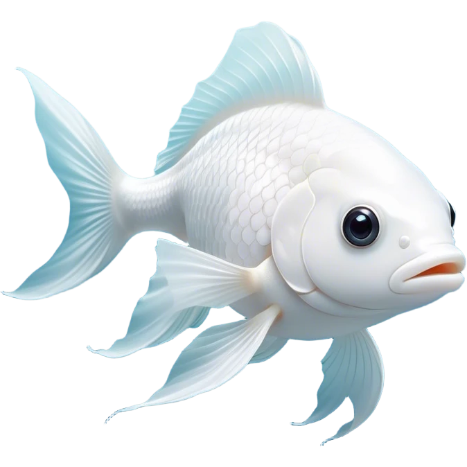 Cinematic Noble White Goldfish Portrait Emoji, Poised and regal, with a sleek, streamlined build and a luminous, pure white body, deep-set soulful pale eyes, Simplified yet sharp and sophisticated features, highly detailed, glowing with a soft, dignified glow, high shine, intelligent and graceful, stylized with an air of aquatic purity, focused and attentive, soft glowing outline, capturing the essence of a watchful and confident aquatic companion, so majestic it feels as though it could glide out of the screen with effortless authority! emoji