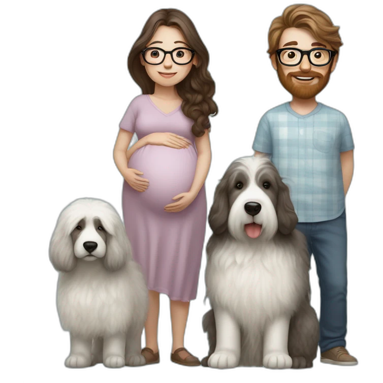 Hyperrealist pregnant girl with half long brown hair with glasses, a boy with long beard, glasses and short hair and english sheepdog emoji