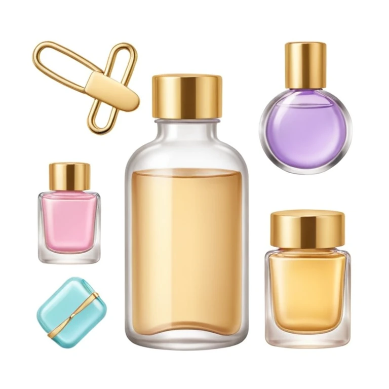clean girl aesthetic emoji, skincare bottle, hair clip, gold jewelry arranged neatly, soft pastel background emoji