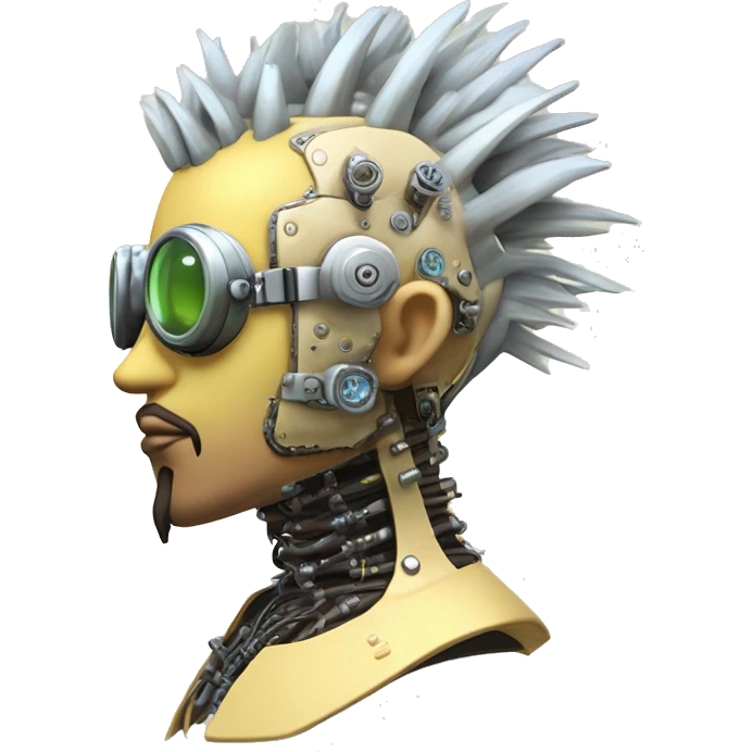 Pastel light yellow Mohawk cyborg head with silver steampunk goggles, goatee and circuits emoji
