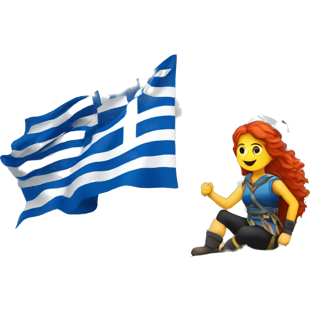 a red hair female mountaineer summitting with greek flag emoji