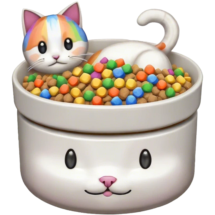 in the style of pixel art, make a cat pet food bowl for a cat. In the bowl is white cat food which is piled so high on top of the bowl. There are small pieces of rainbow food in the bowl too. there is only food in the bowl emoji