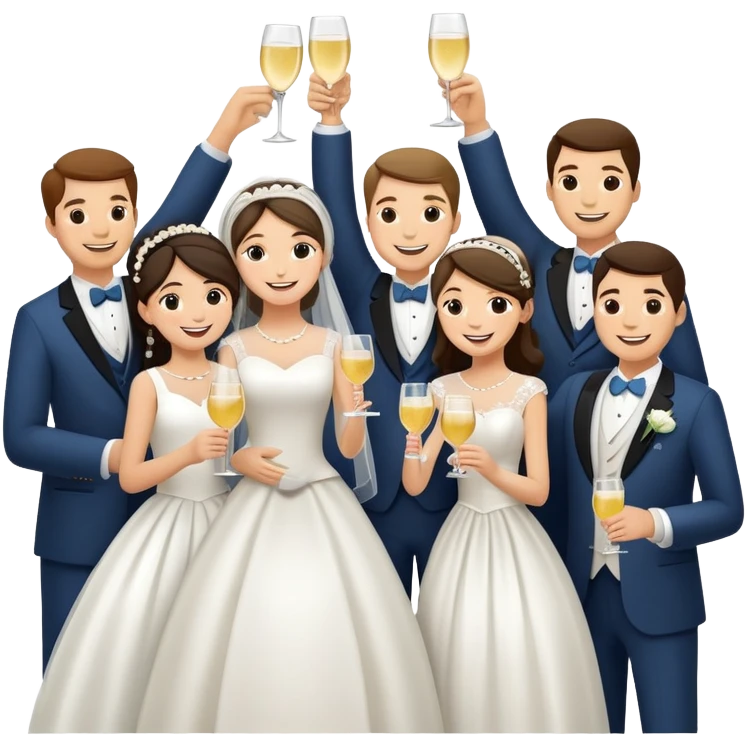 Wedding party raising joints for a celebratory toast, colorful wedding group with bride and groom at the center, cheerful cartoon style emoji