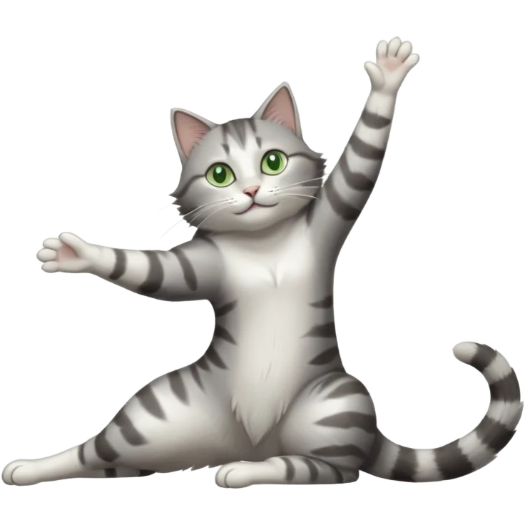 grey and white cat with green eyes doing a big extremely long stretch reaching up into the air with arms and legs side by side together straight and overextended whilst lying on its side emoji