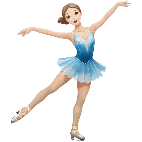 An icon featuring a graceful figure skater performing a spin on the ice. The background includes a grand ice rink palace with shining spotlights and cheering spectators in the stands. Transparent background highlights the elegance and artistry of figure skating emoji