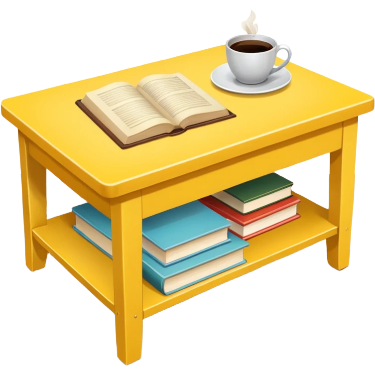 yellow coffe table, coffee on top, books under table
 emoji