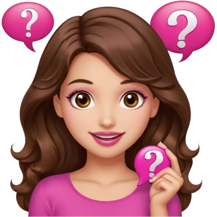 girl with long wavy brown hair, brown eyes, long lashes makeup, sexy pink lips, light to medium complexion, wearing a pink sexy top, shugging, question mark one speech bubble emoji