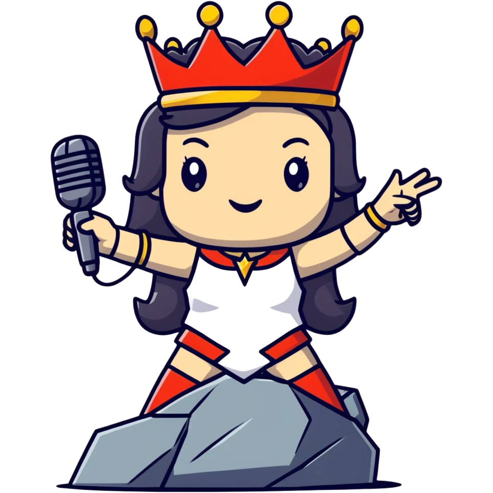 rock and roll queen with crown, microphone, rock star pose, energetic emoji