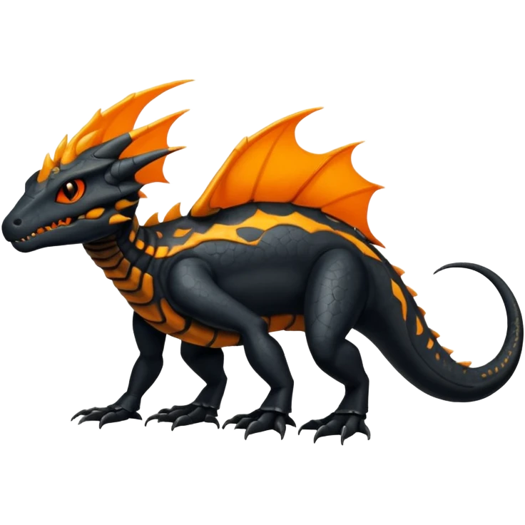 Magmatic fiery badass cool obsidian-Black and golden-orange Helioptile-Amaura-Salandit-Fakémon-hybrid-creature (full body)  emoji