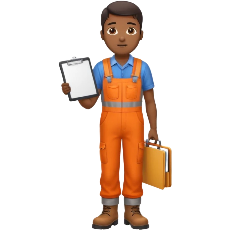 Indian male railway engineer orange overalls, boots holding a clipboard view from rear emoji
