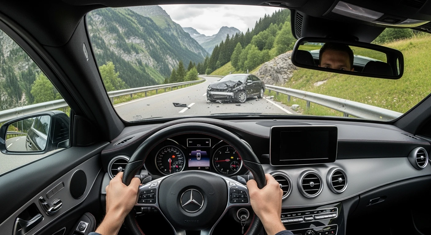 Realistic camshot pov car (hands holding mercedes car wheel) switzerland road with car crash emoji