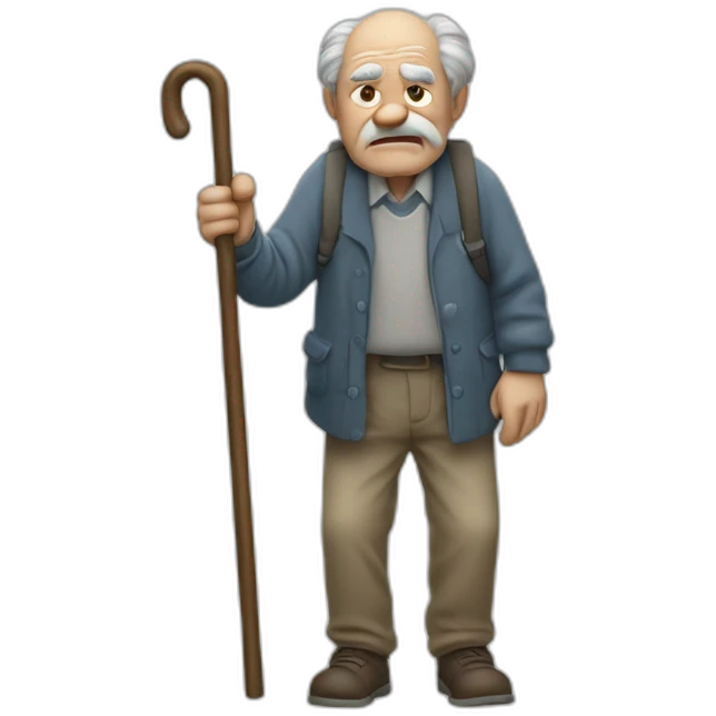 Old man leaning on a walking cane and holding his back with his hand grumpy face, detailed emoji