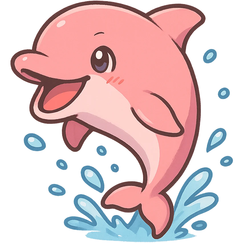 cheerful pink dolphin leaping with water droplets, wide grin, anime style, transparent background, 128x128 pixels emoji