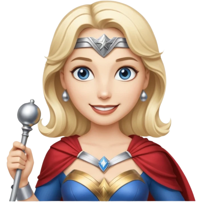 Blonde blue eyes Wonder Woman holding bell and short white orchestra conductor’s baton  emoji