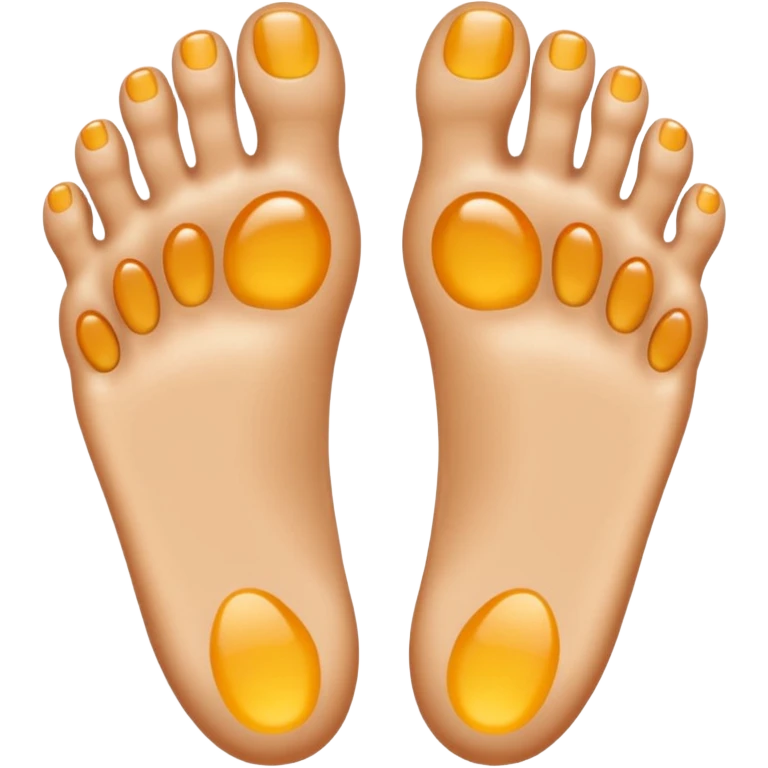 two feet, soles showing, five toes on each foot, shiny, perfectly orthopedic shape, emoji style, natural skin color, no yellow gel emoji
