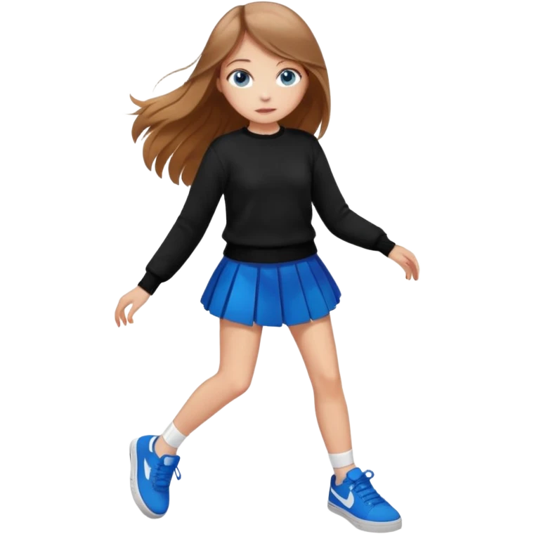 девушка с русыми длинными волосами, голубыми глазами, в черной короткой юбке и вязаной черной кофте с дырками, в белых кедах emoji