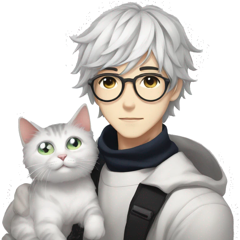 Cool Anime Cute Guy With Glasses With Cat, White Hair, Black Eyes emoji