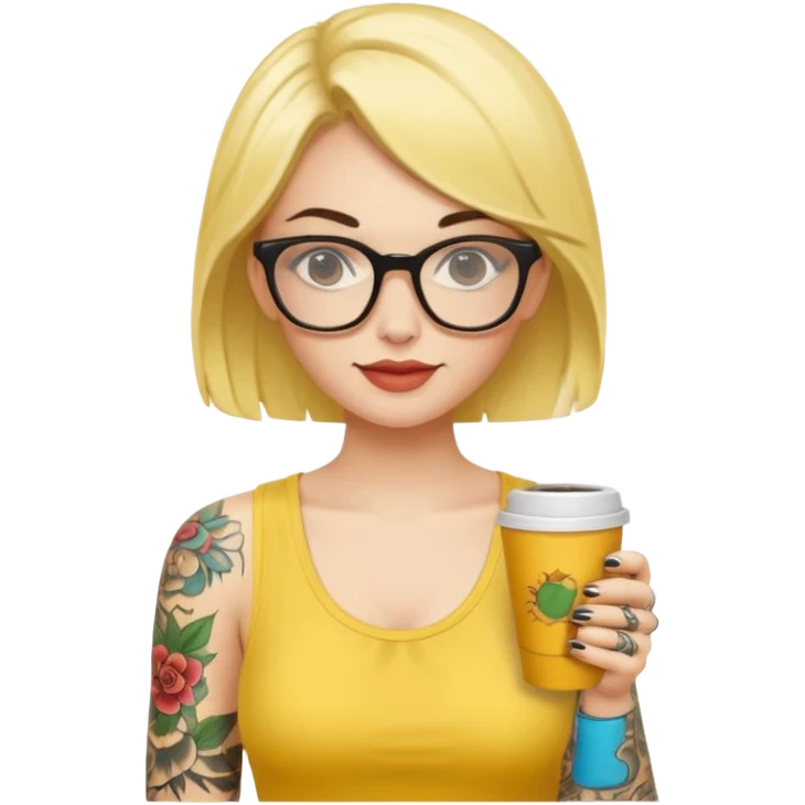 gözlük takan, dövmeli ve elinde kahve tutan, yaz kıyafetli bir kadın. kıyafeti sarı olsun emoji