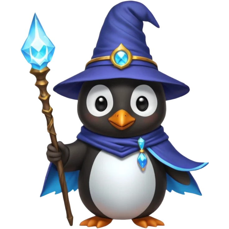 A penguin wizard with a magical aura and a wand emoji