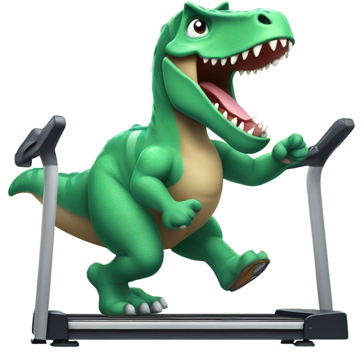 dinosaur runs on a treadmill and shows a thumbs up emoji