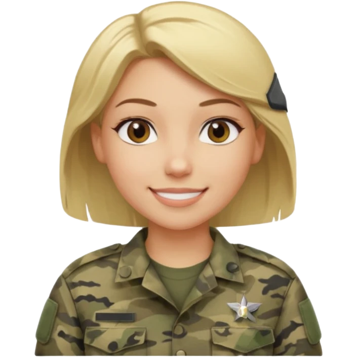 Apple-style emoji: female soldier, bust, no cap/helmet, friendly smile, generic camo top, blonde hair black color emoji