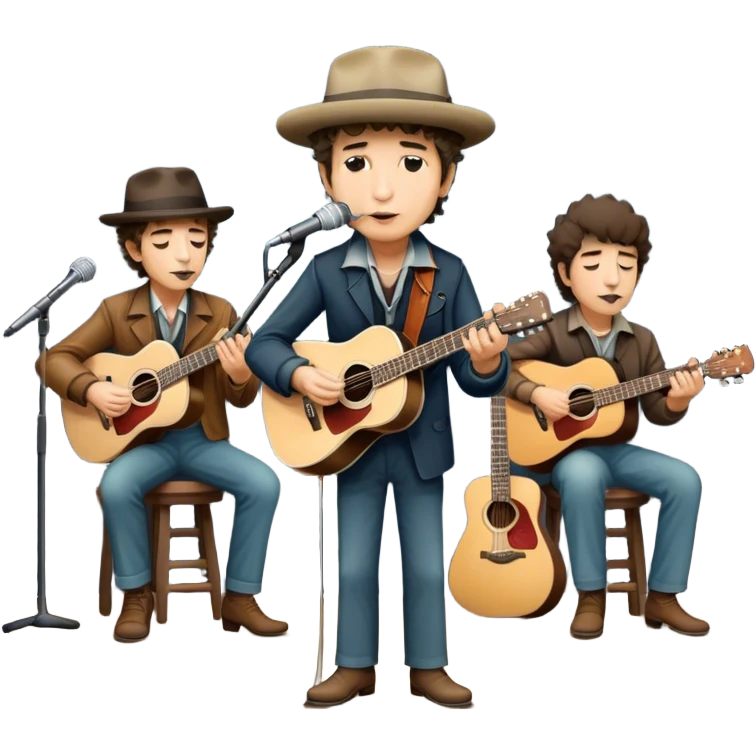 Icon for Folk Music: Bob Dylan with his harmonica and acoustic guitar, performing with his band on stage. The atmosphere should be intimate and nostalgic, capturing the soul of folk music with simple instruments and natural vibes. Transparent background. emoji