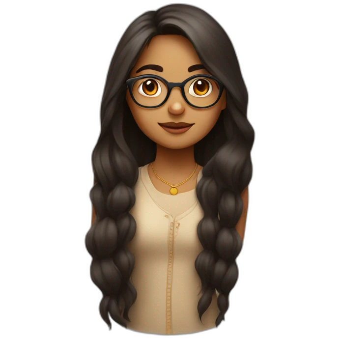 An Indian girl with a round face and long hair and old school glasses emoji