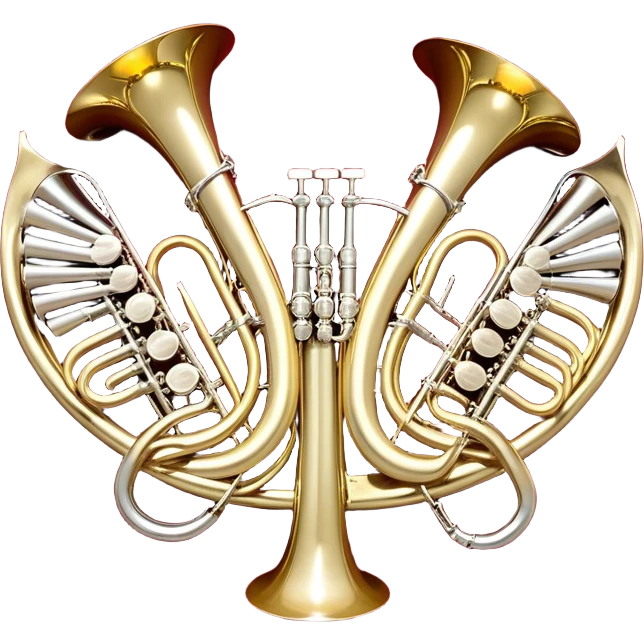 Create a festive and elegant emoji collage featuring a bouquet or fan of bells of wind instrument  (trumpets, saxophones, trombones, tubes, etc.) arranged in a radiant, symmetrical pattern. The instruments should have polished, golden and silver finishes, with their large, shiny bells forming a beautiful, fan-like display. Include a flowing ribbon of musical notes swirling through the center, conveying movement and melody. The background should feature a deep red velvet texture, adding a touch of luxury and sophistication. The overall composition should be balanced, with an elegant and regal feel, with a transparent background to keep focus on the instruments and musical elements. emoji
