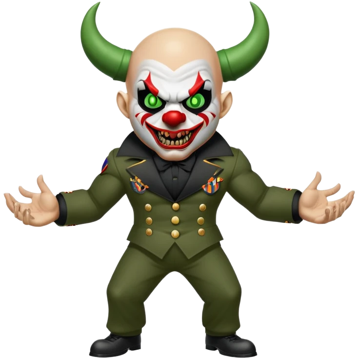 evil clown, bald, short black devil horns on forehead, fangs, pointed ears, black and military green leisure suit, realistically proportioned, bulky and muscular, full body, battle-ready, fighting posture emoji