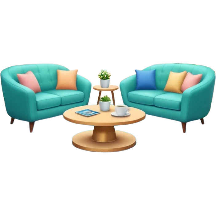 Morning entertainment TV studio, cozy talk show set with armchairs and couch, guests sitting area, round glass coffee table, warm pastel colors, green and blue lighting panels, festive decorations, friendly daytime TV atmosphere, realistic broadcast studio, no branding. emoji