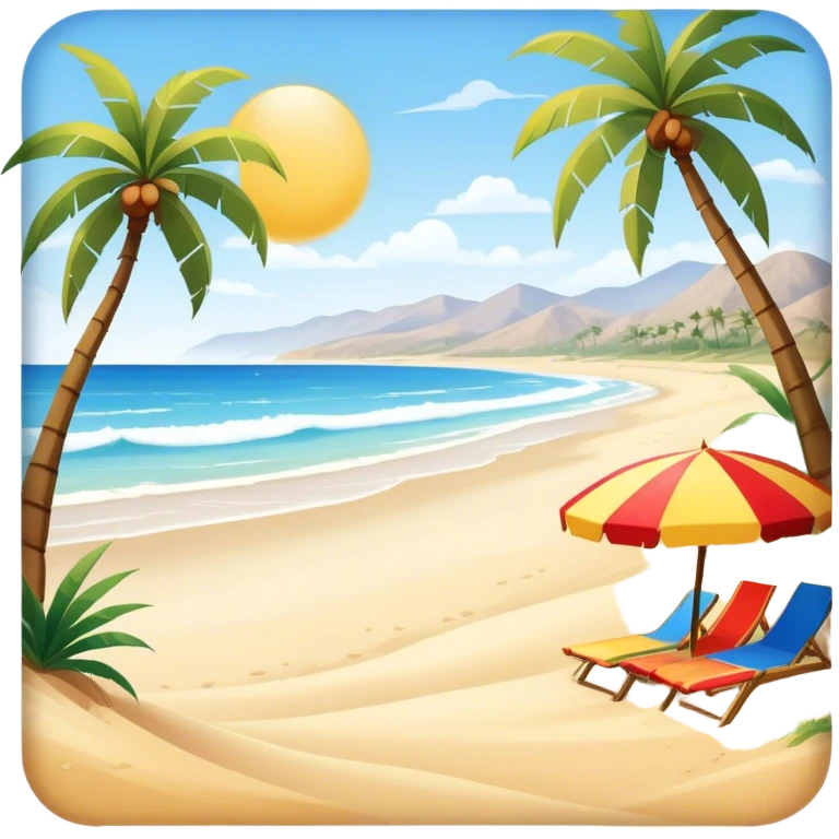 Cinematic Realistic Beach Emoji in a wooden frame, Sunny and bright, with soft golden sand stretching as far as the eye can see, gently lapping waves crashing onto the shore, and a clear, blue sky above. Palm trees sway in the warm breeze, and colorful beach umbrellas dot the landscape. Soft glowing outline, capturing the essence of a relaxed, joyful beach day filled with sun, sand, and surf! emoji