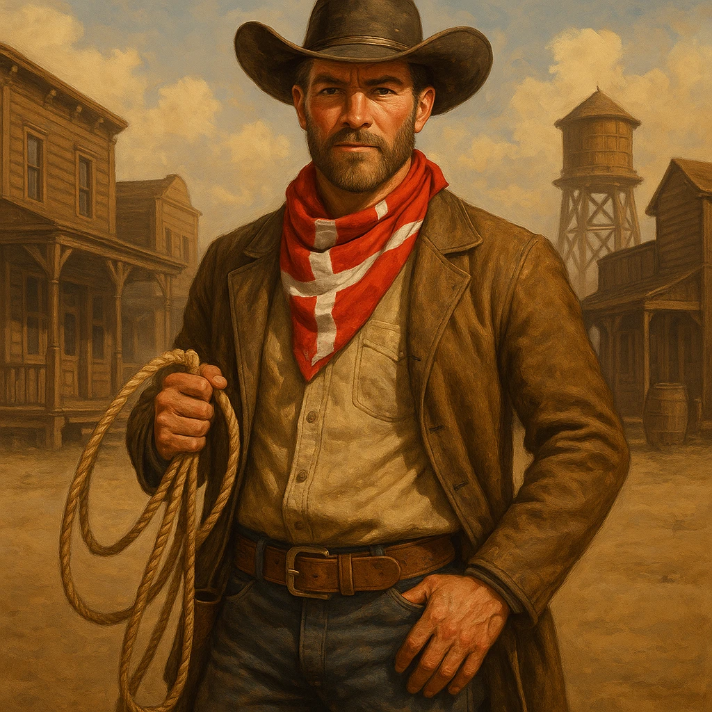 Danish cowboy holding a lasso with a red and white bandana in a western background emoji