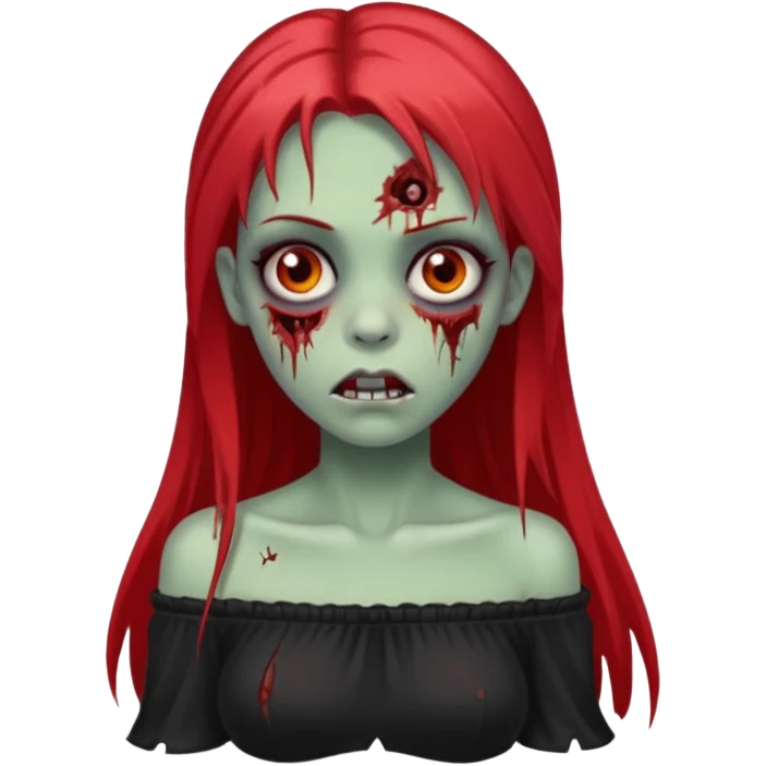 Garota zumbi com cabelo liso longo e mechas vermelhas na lateral da cabeça dos dois lados, usando uma blusa com manga caida preta emoji