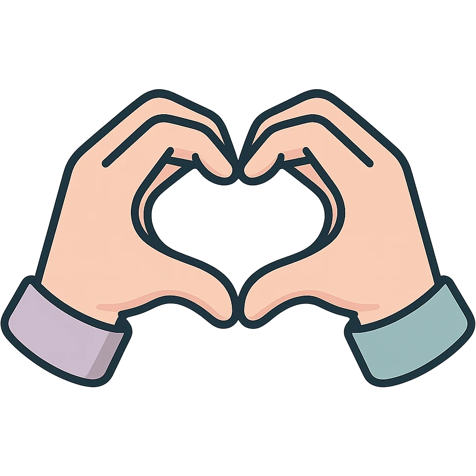 two hands forming a heart shape with fingers, no heart inside, eastern style, thin clean outlines, soft rounded shapes, pastel palette #98B5BC, #B5B3C1, #C9A3C9, #E4C0CA, #F7DCD1, #F7C0AA, detailed shadows and highlights, soft lighting, transparent background, modern Japanese pop art and sticker aesthetic emoji