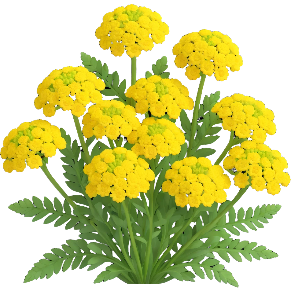 3D iOS style illustration of Achillea millefolium (common yarrow) with very voluminous, realistic yellow flower clusters and feathery green leaves, on a transparent background. emoji