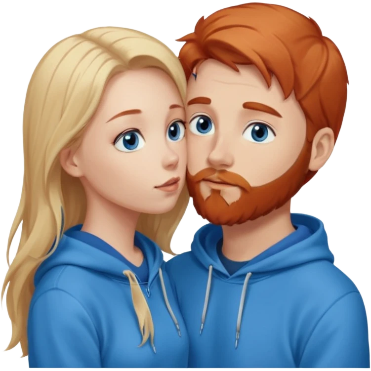 Long-pale-blonde hair, beautiful girl with blue eyes-wearing a light blue hoodie, facing, kissing reddish-brownish hair and beard boy blue eyed white guy in a dark blue hoodie emoji