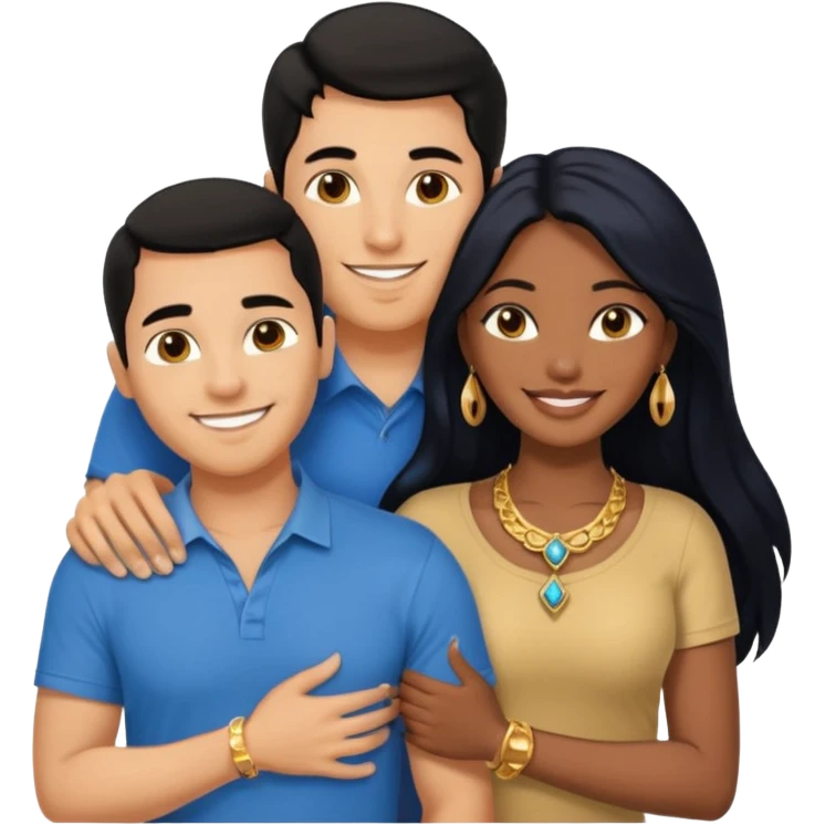 smiling embracing interracial couple from waist up. ebony woman with long hair and jewelry. brazillian man short hair wearing blue. emoji