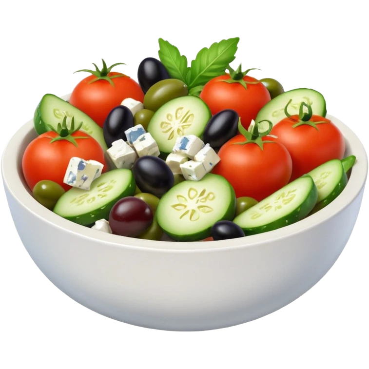 mediterranean salad bowl object icon, tomatoes, cucumbers, olives, feta cheese, olive oil dressing, 3D cartoon, mobile game icon style, clean background, no text, no watermark
 emoji