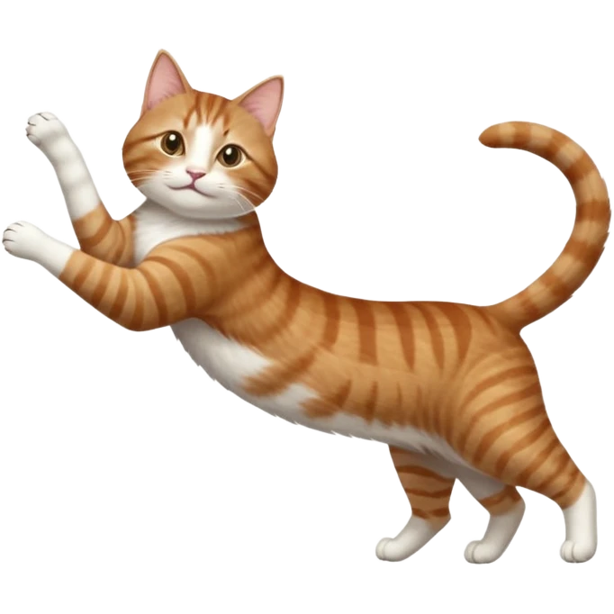 brown tabby and white cat with doing a big extremely long stretch reaching up into the air with arms and legs side by side together straight and overextended whilst lying on its side emoji