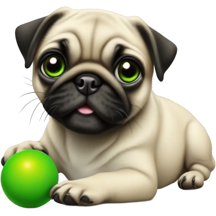 Hyper Realistic Happy Baby pug with green eyes playing with a green ball emoji