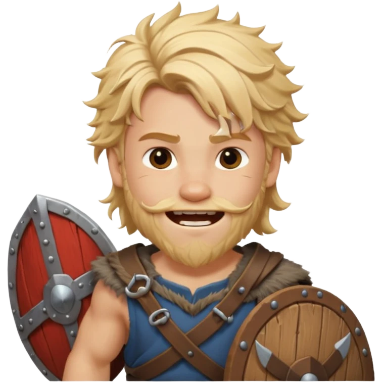 A young Viking warrior with messy blond hair, wooden shield, and fierce excited grin.
 emoji