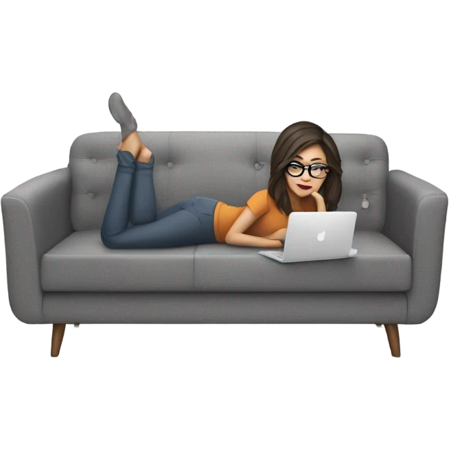 brunette girl laying on a grey couch with grey pillows with glasses on and a laptop on small table in front with coffee cup on mouse pad emoji