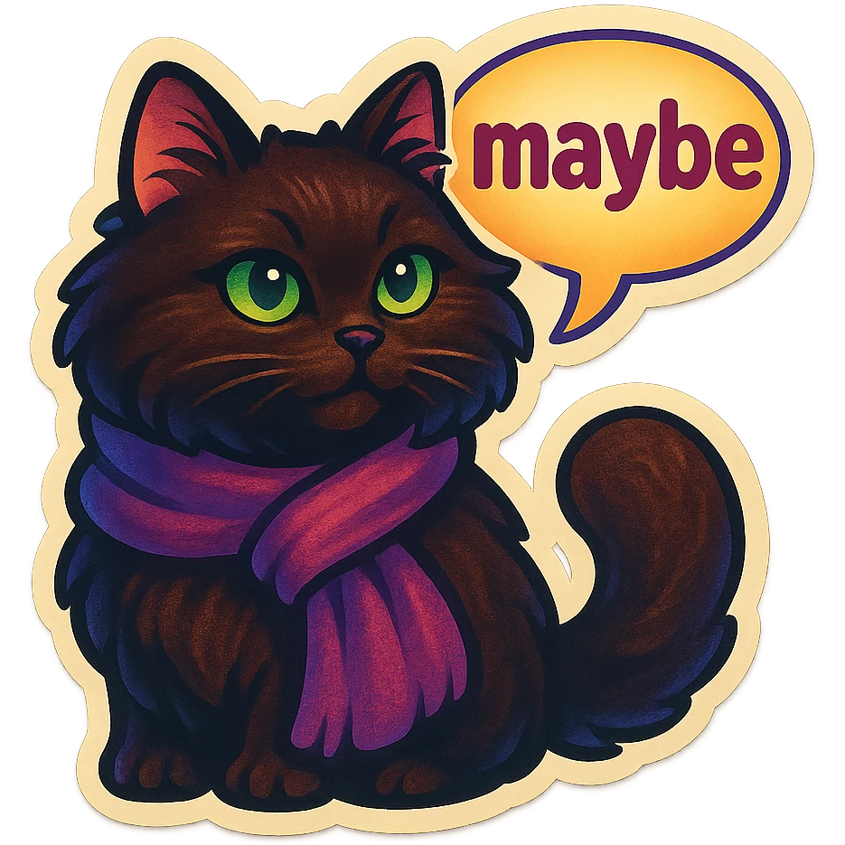 Fluffy dark-brown cat with green eyes and a purple scarf saying ‘maybe’ (with a speech bubble) emoji