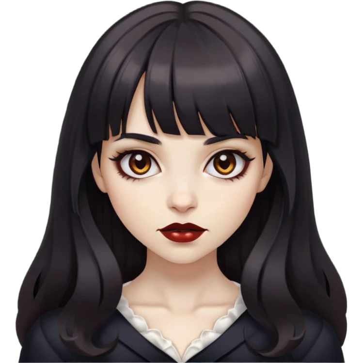 Brown girl, with wavy black hair, straight bangs, brown eyes, Vampiric appearance  emoji