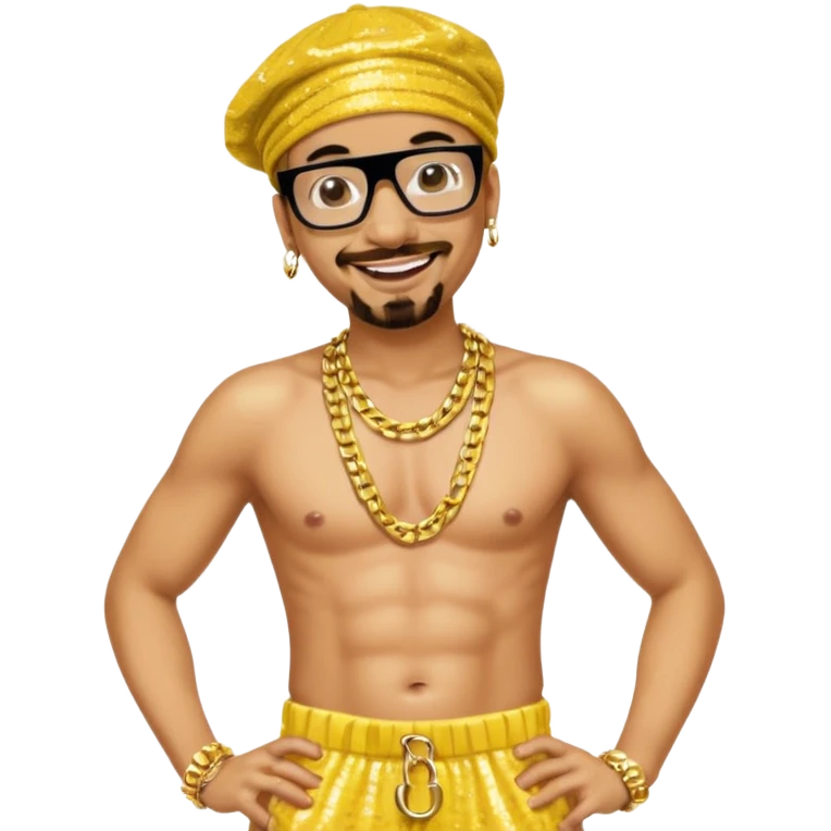 Ali G with yellow sequin baggy pants, shirtless with necklace emoji