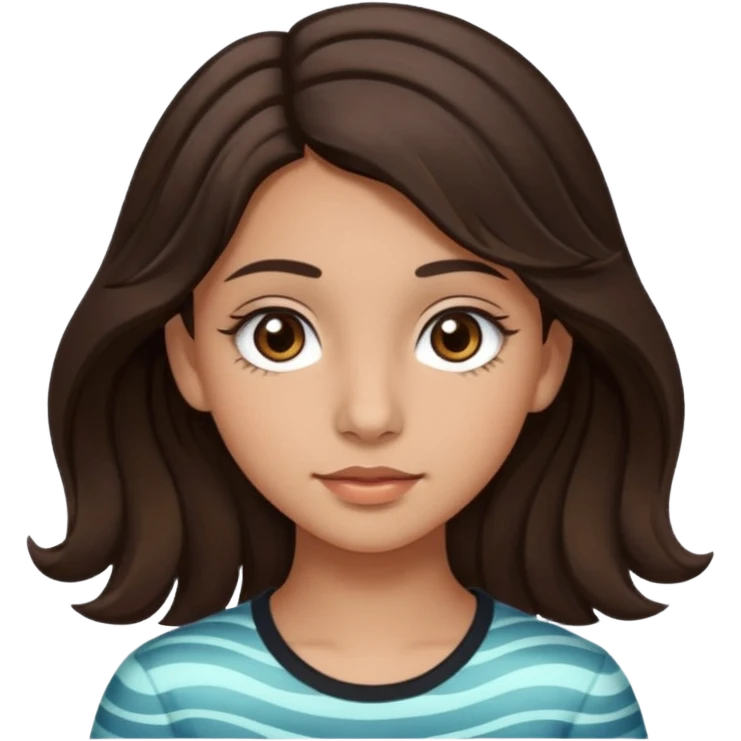 Create a emoji of a girl teen (14 years old) with dark brown hair and a little bit lighter brown in the end of the hair (but mixed) and waves in the hair with MEDIUM FAIR TO OLIVE skin tone, dark brown eyes, perfect nose, long eyelashes emoji