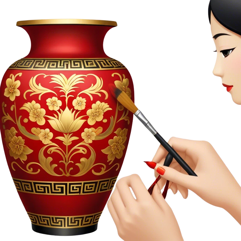 Chinese metal painting icon, process of painting Chinese patterns on a metal vase, visible fine paintbrush in hand, intricate brushstrokes with vibrant red, gold, and black colors, metal surface with detailed designs in progress, minimalistic style, clean lines, transparent background. emoji