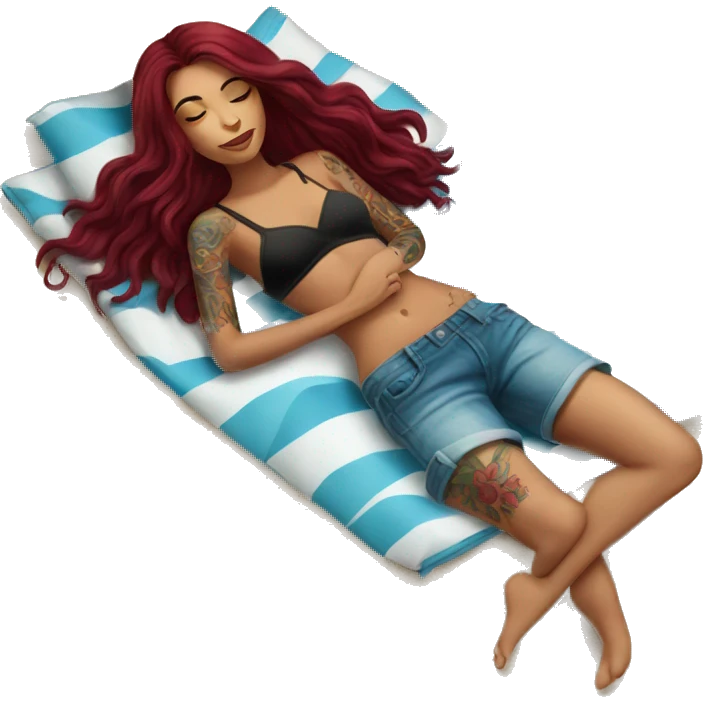 Beautiful tattooed burgundy long haired woman laying on the beach emoji